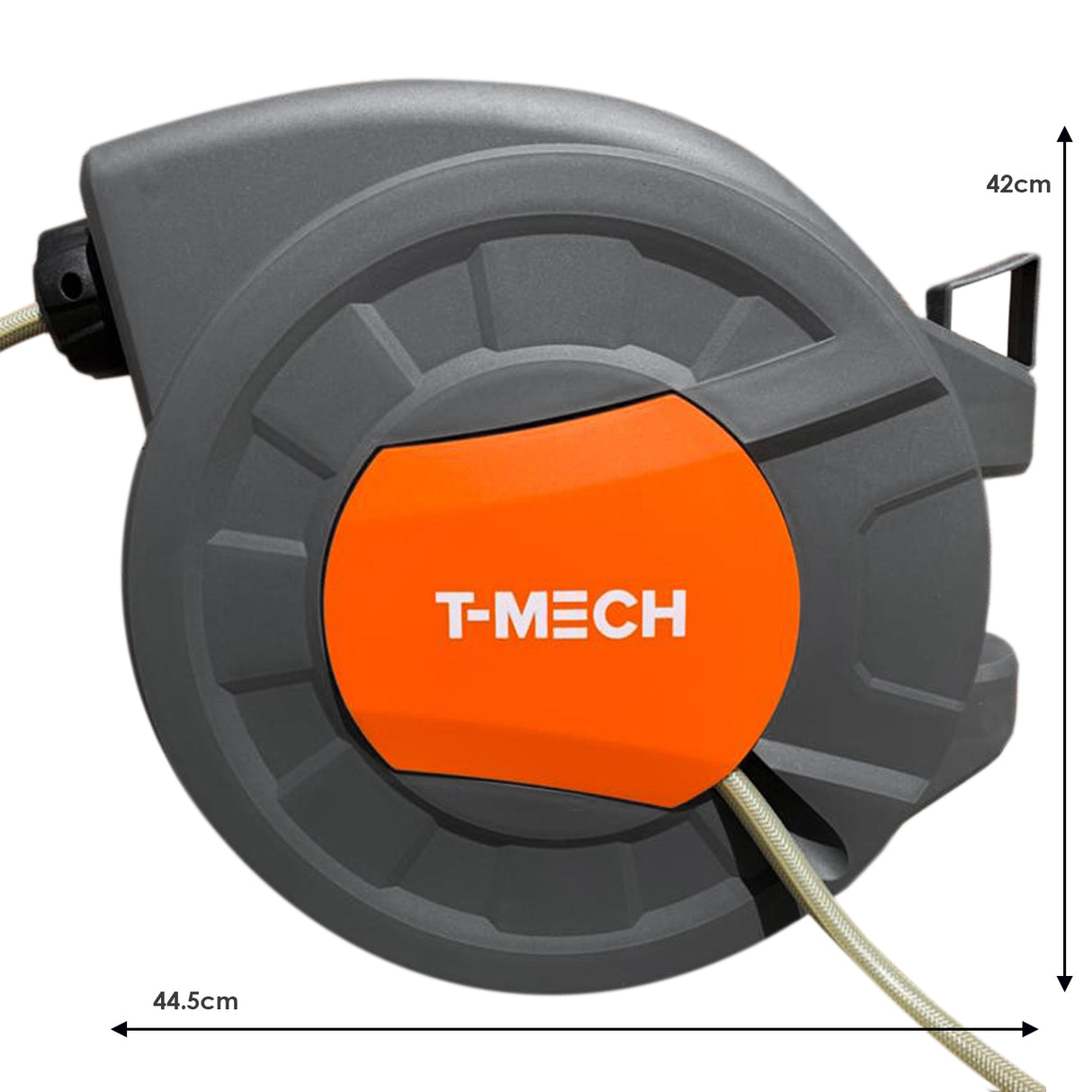 Enrouleur de tuyau d'arrosage de 30 mètres, couleur gris avec un bouton orange, design compact et robuste, idéal pour le jardinage