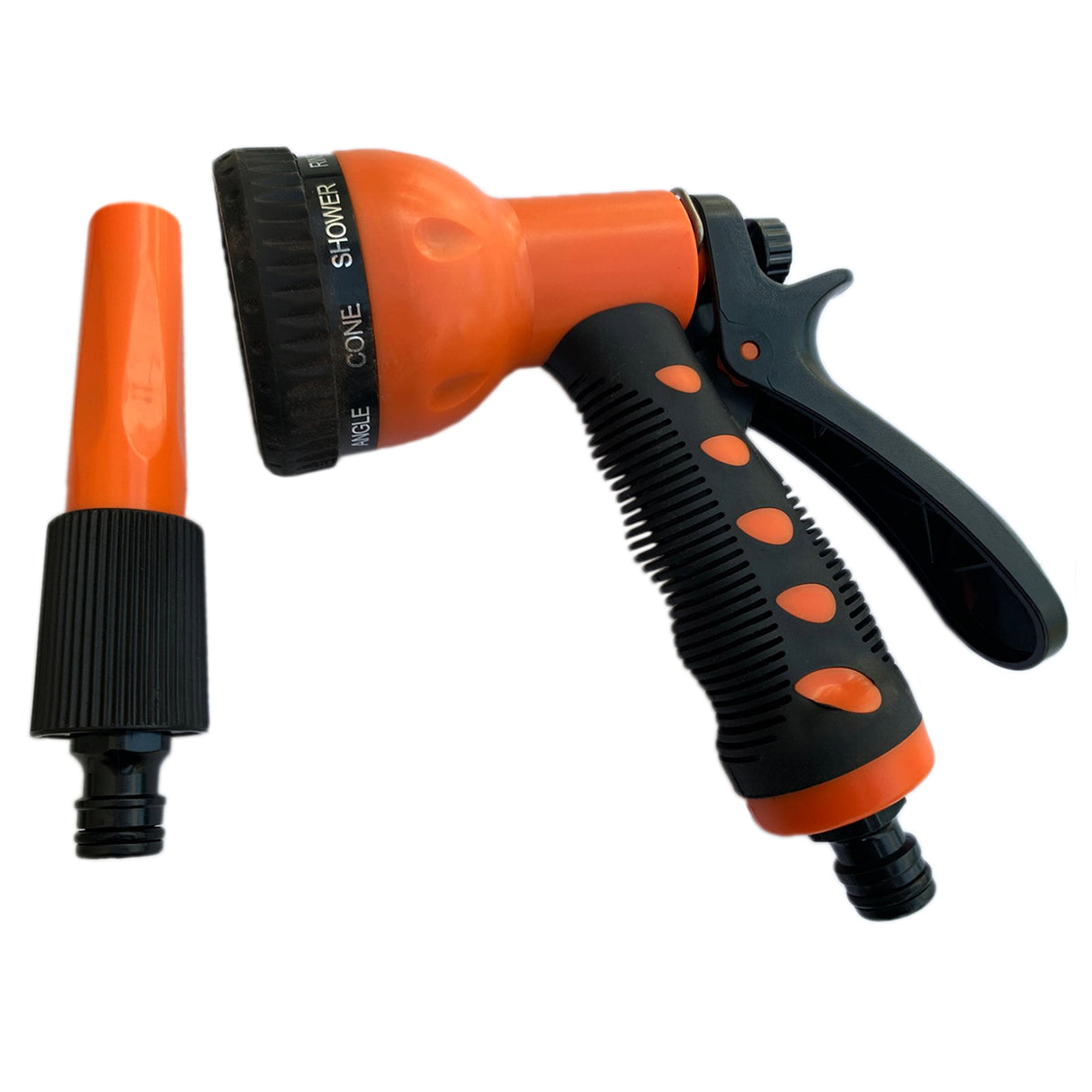 Pistolet d'arrosage orange avec poignée ergonomique et embout interchangeable, idéal pour arroser le jardin ou nettoyer des surfaces