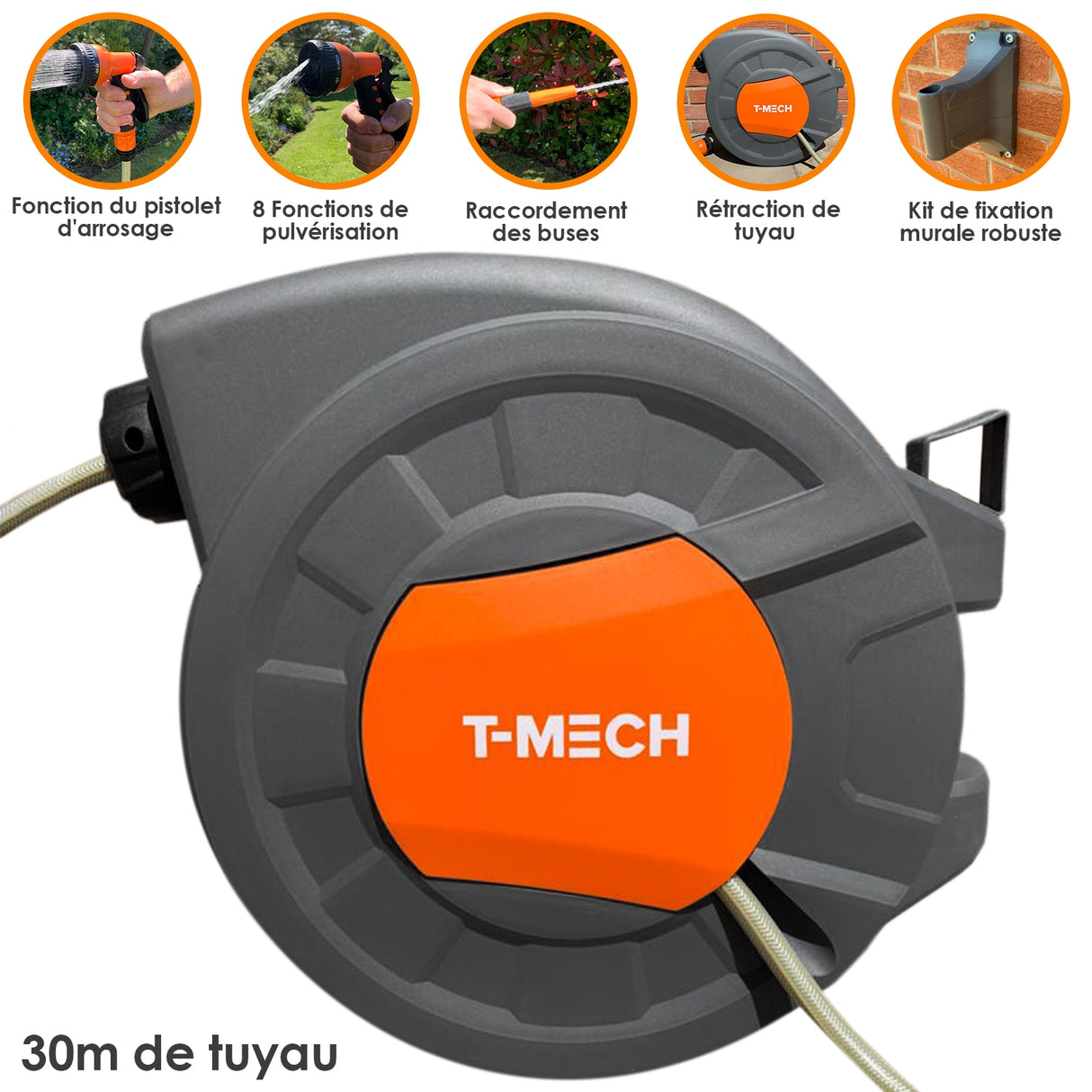 Enrouleur de tuyau d'arrosage 30m en plastique gris et orange, avec un design compact et un système de rétraction pratique