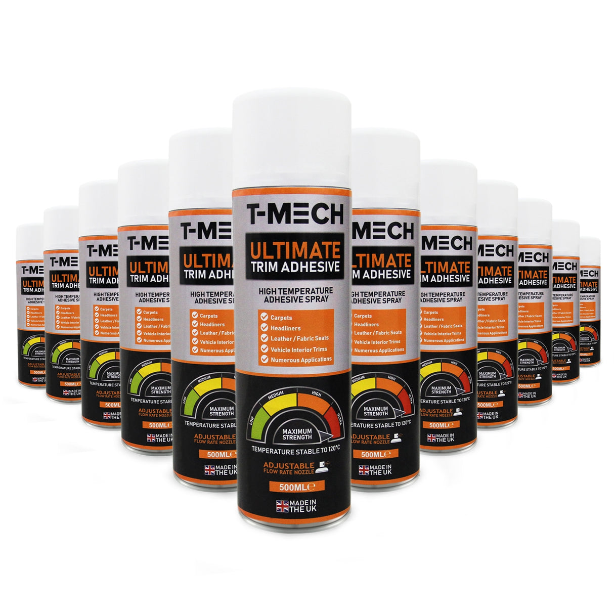 Spray adhésif T-Mech 12 x 500ml, bouteilles blanches avec étiquettes colorées, conçues pour une adhésion forte et durable