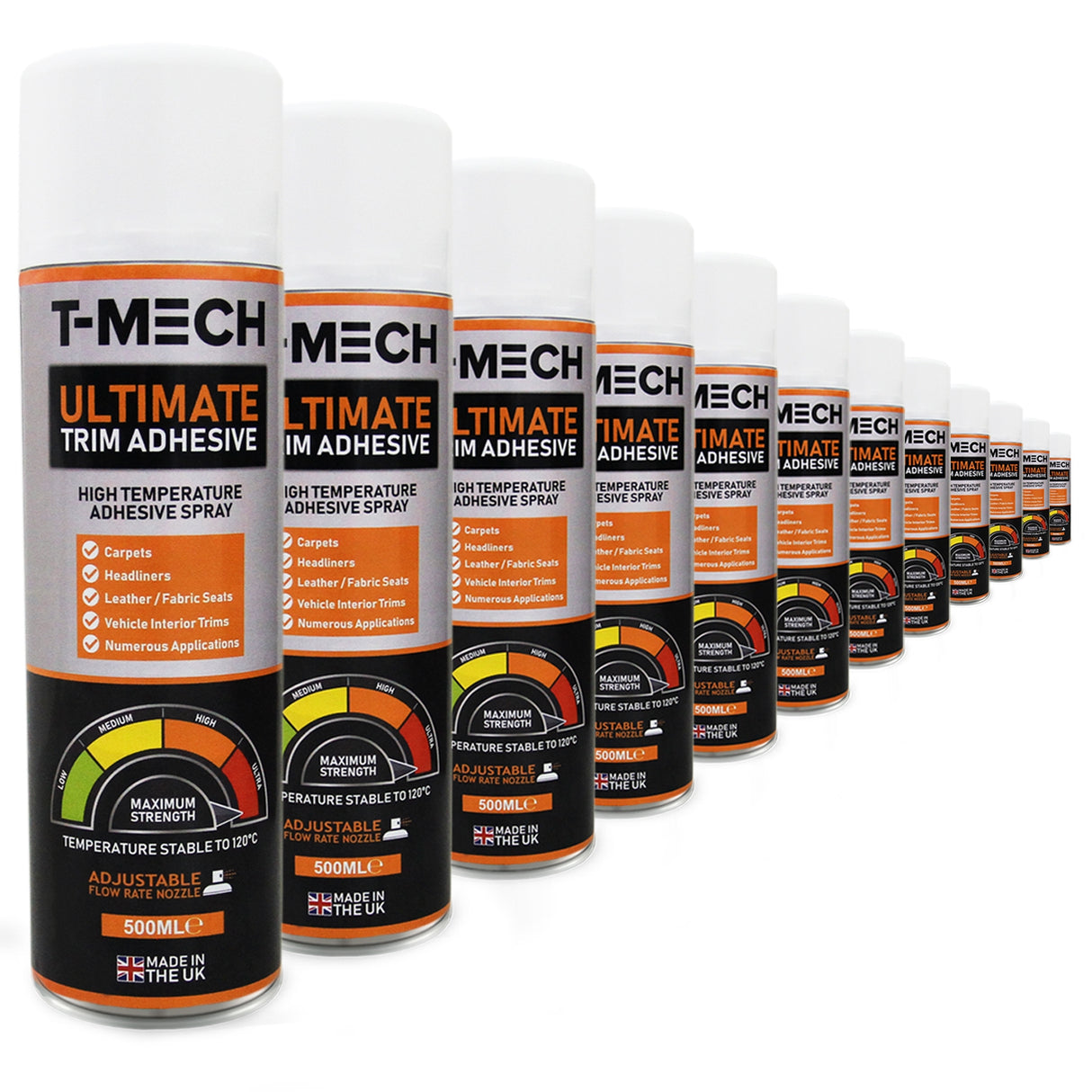Spray adhésif T-Mech de 500 ml, flacons blancs avec étiquettes orange et noires, alignés sur fond blanc, idéal pour divers matériaux