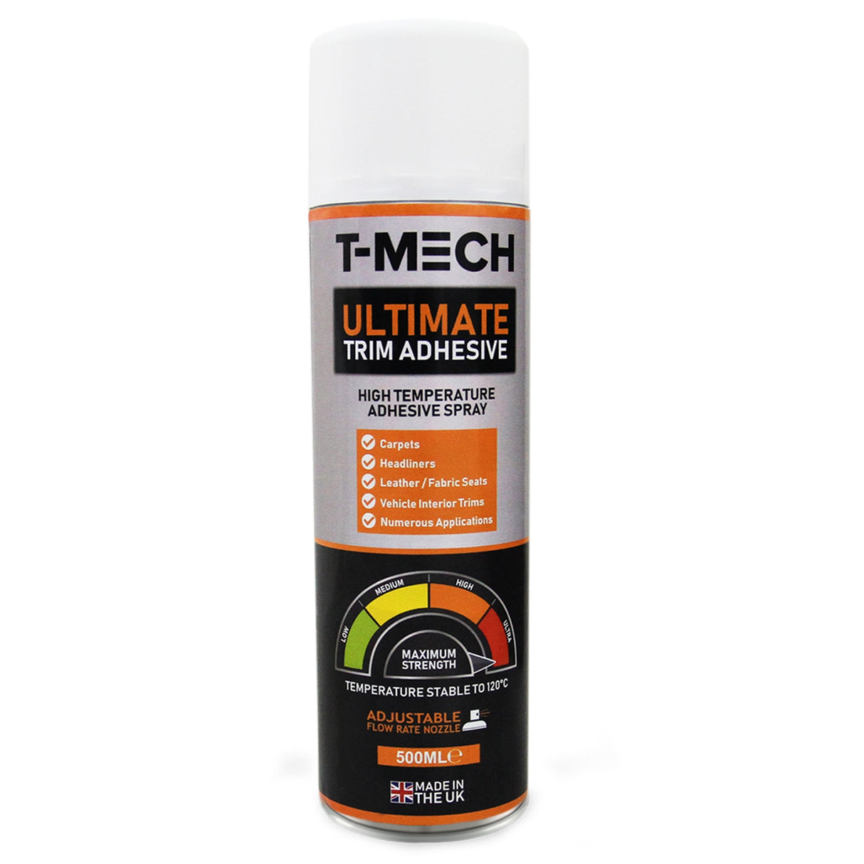 Spray adhésif T-Mech de 500 ml, bouteille blanche avec étiquette colorée, conçu pour des applications variées et haute température