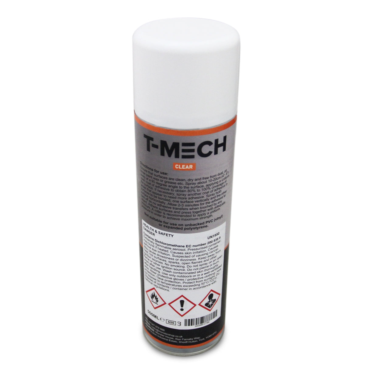 Spray adhésif T-Mech de 500 ml, flacon en métal argenté avec un capuchon blanc, étiquette informative et avertissements de sécurité