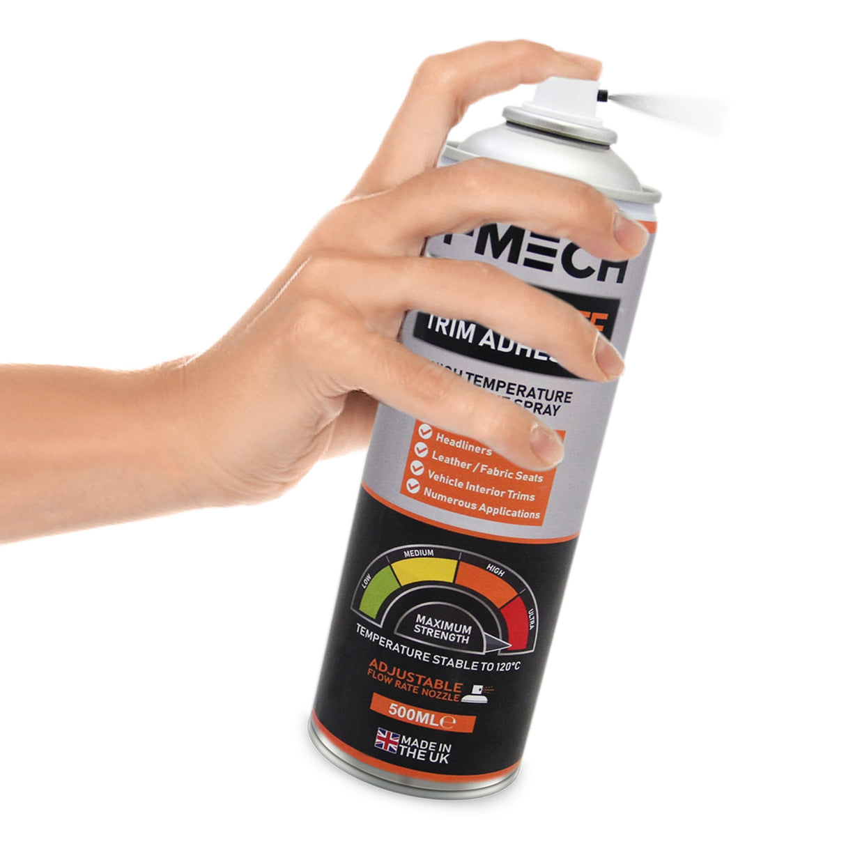 Bombe de spray adhésif pour garnitures, main tenant le flacon, étiquette colorée avec des indications de température et de force