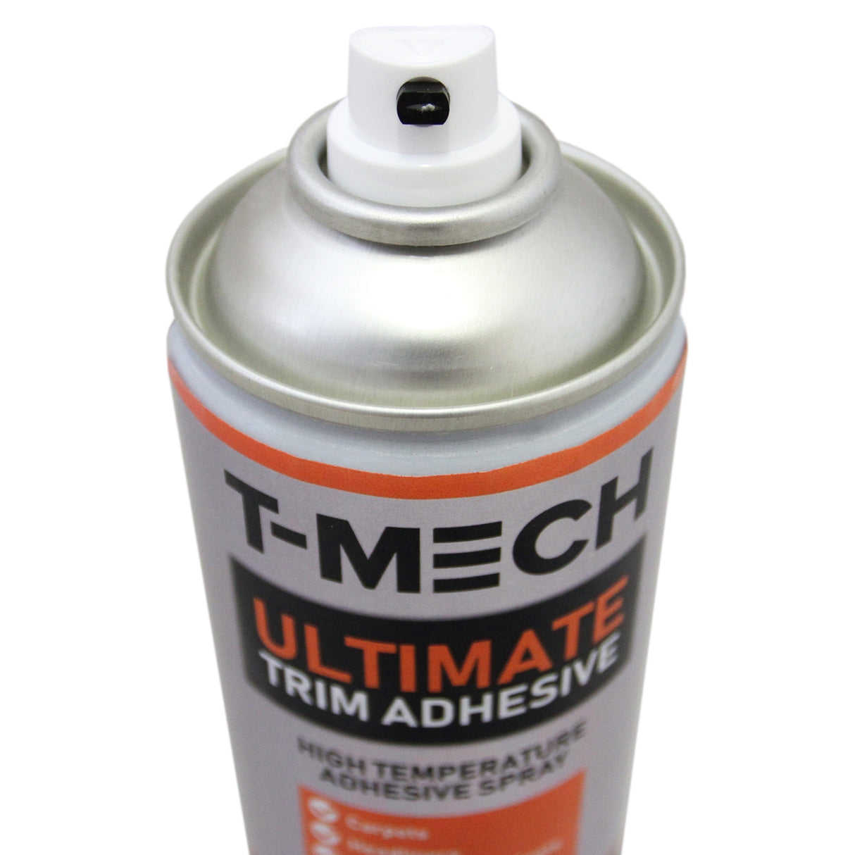 Bouteille de spray adhésif T-Mech de 500 ml avec un capuchon noir, étiquette orange et grise, conçue pour des applications à haute température