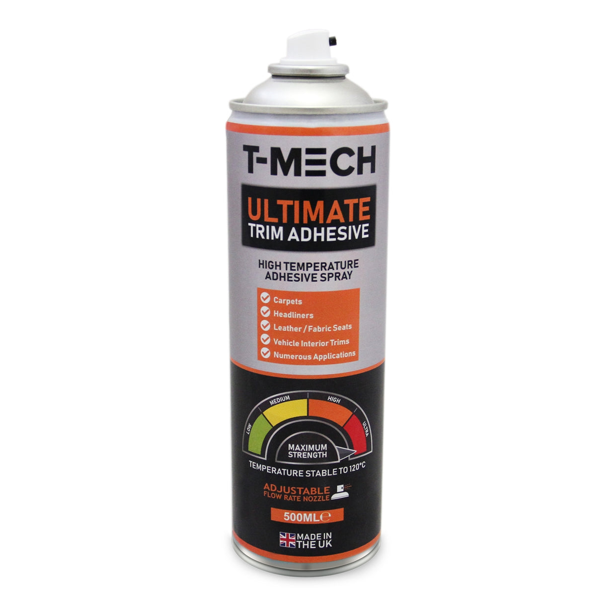 Aérosol de colle T-Mech de 500 ml, étiquette orange et noire, conçu pour des applications variées, résistant à haute température