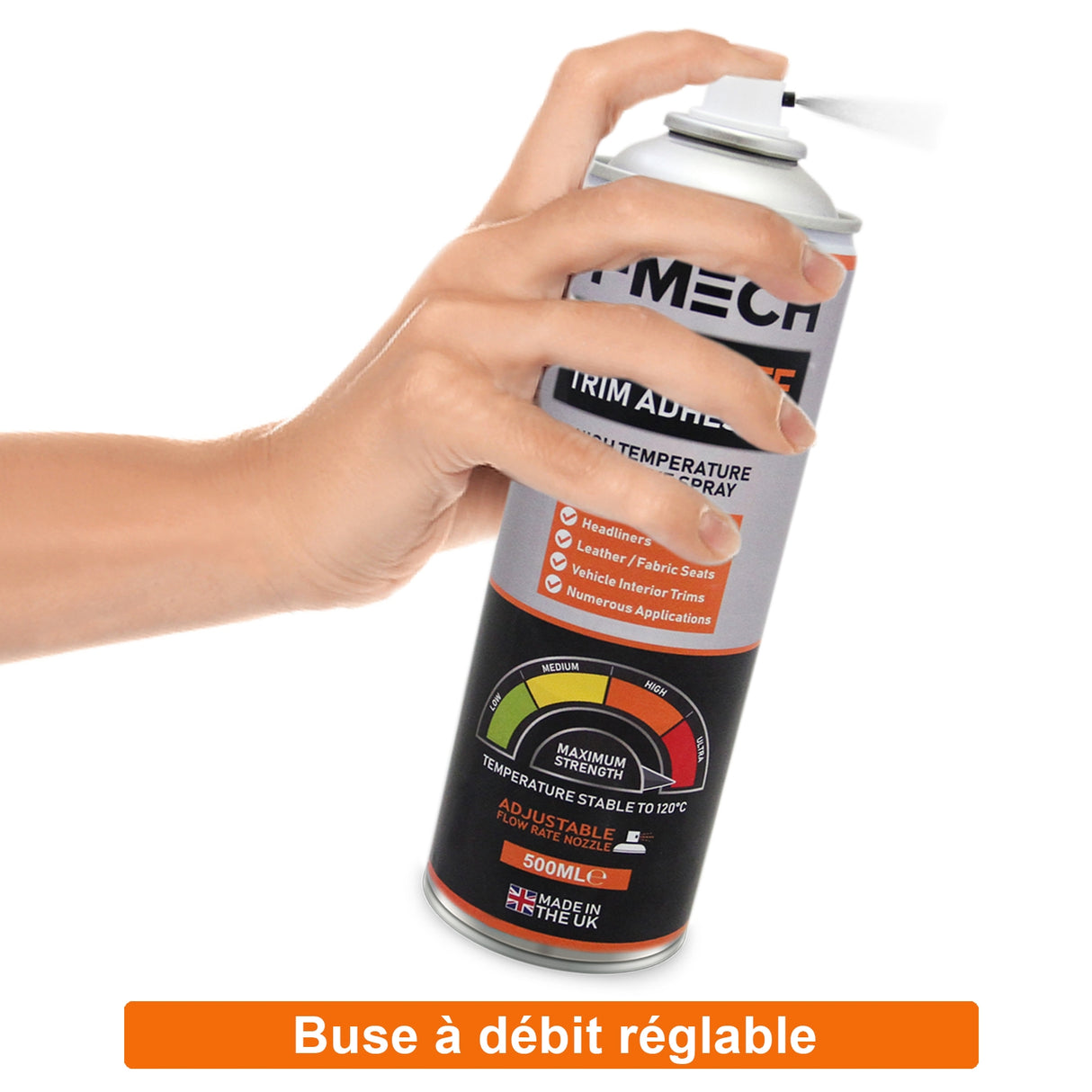 Bouteille de spray adhésif T-Mech de 500 ml, main tenant le flacon, buse réglable, étiquette colorée avec échelle de température