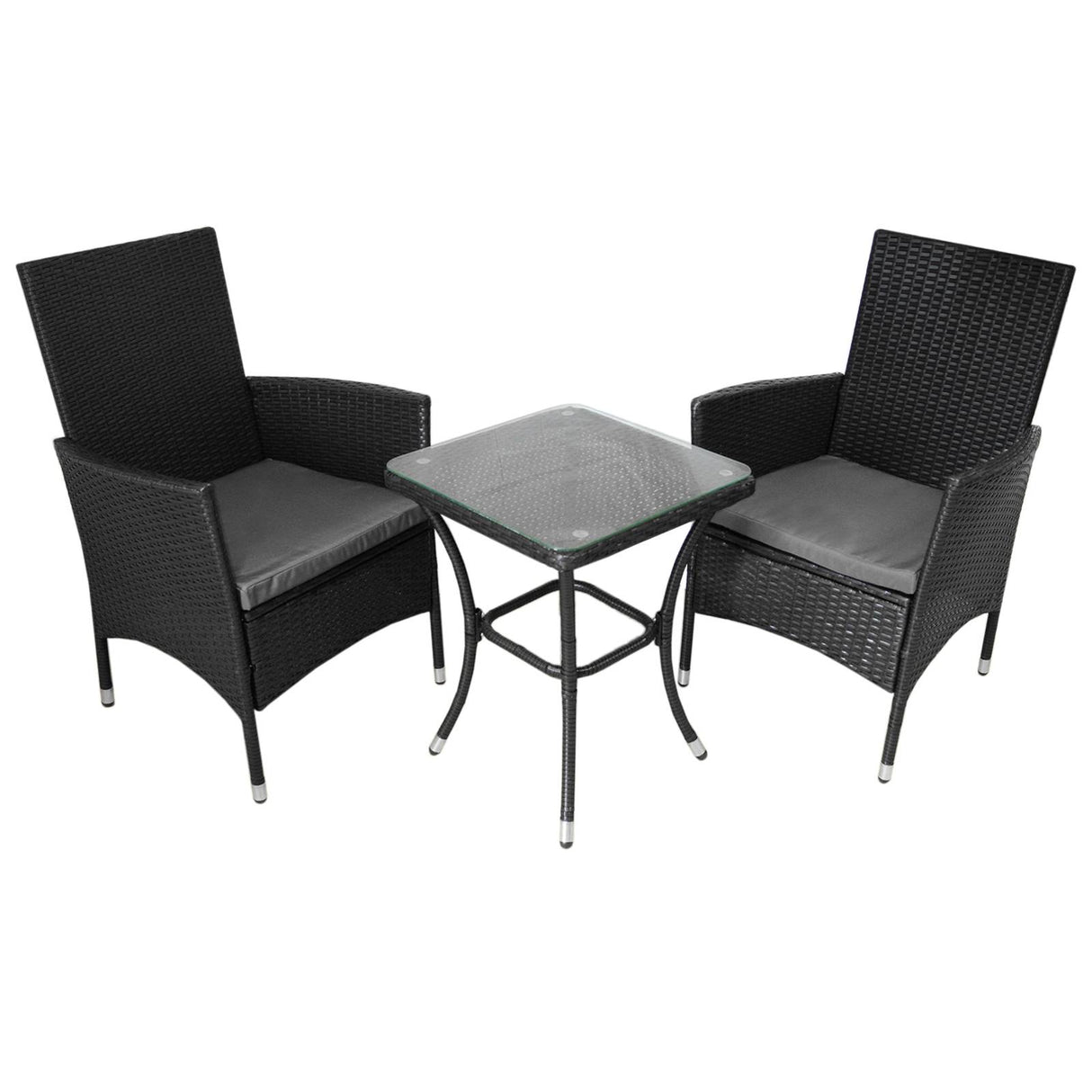 Set de bistro en rotin noir avec deux chaises confortables et une table en verre, parfait pour un coin repas extérieur élégant