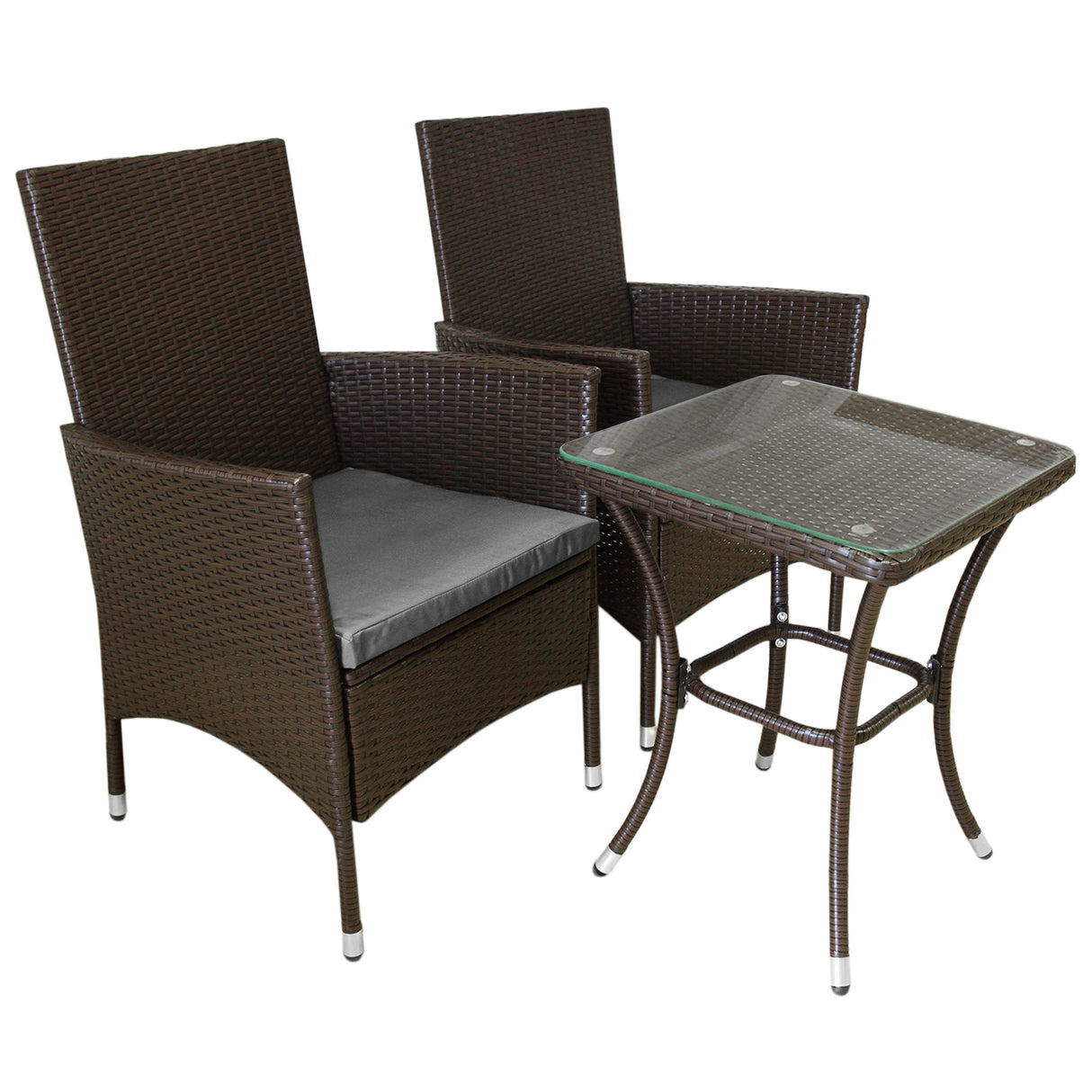 Set de bistro en rotin marron avec deux chaises confortables et une table en verre, parfait pour un espace extérieur élégant
