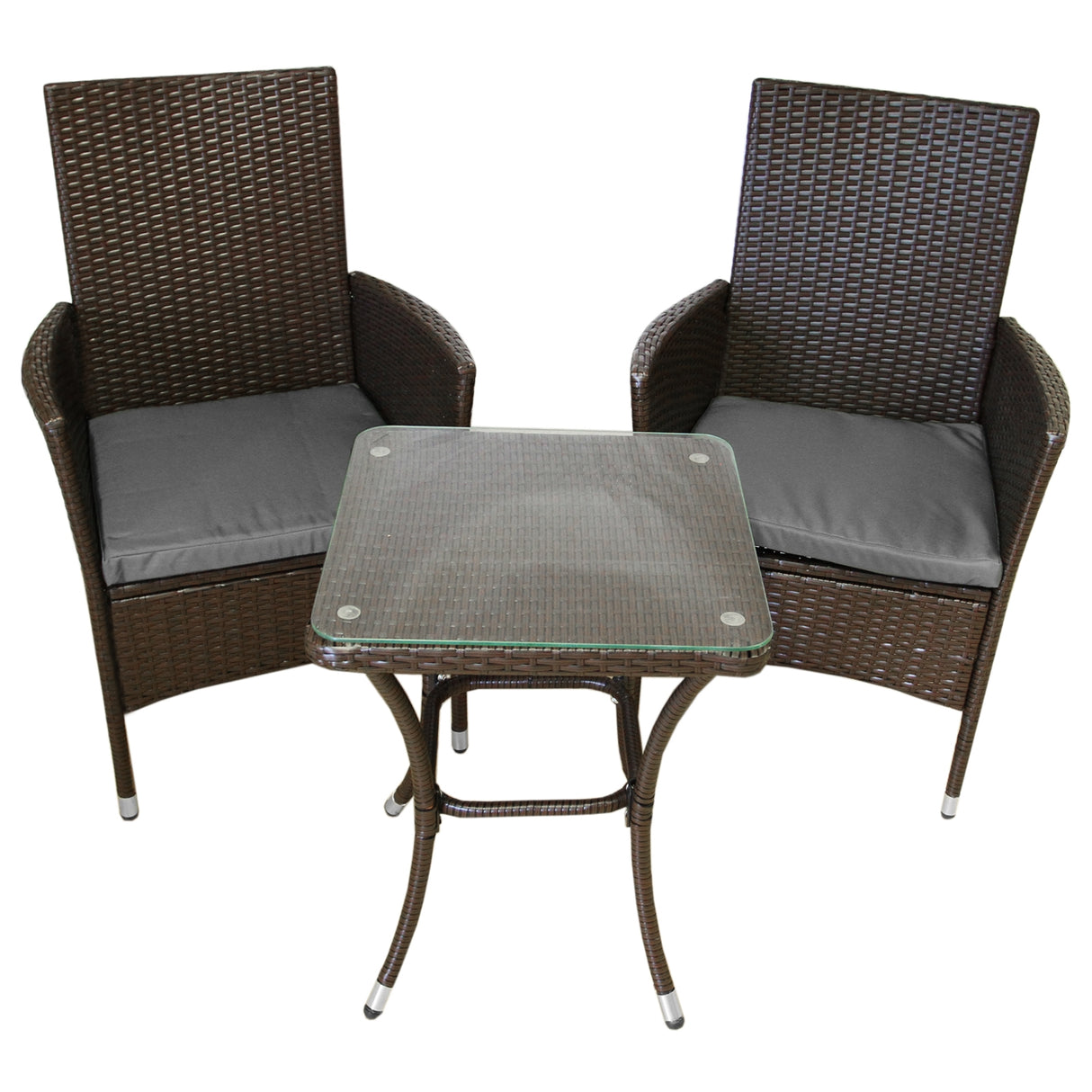 Set de bistro en rotin marron avec deux chaises confortables et une table en verre, idéal pour les espaces extérieurs et intérieurs