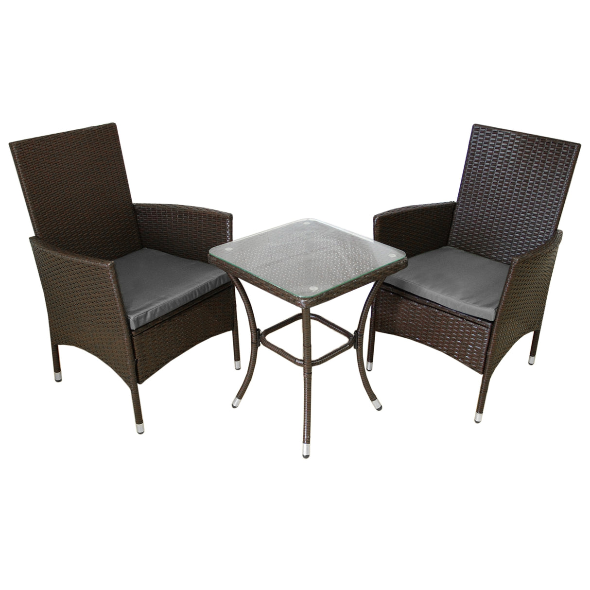 Set de bistro en rotin marron avec deux chaises confortables et une table en verre, parfait pour les espaces extérieurs et balcons