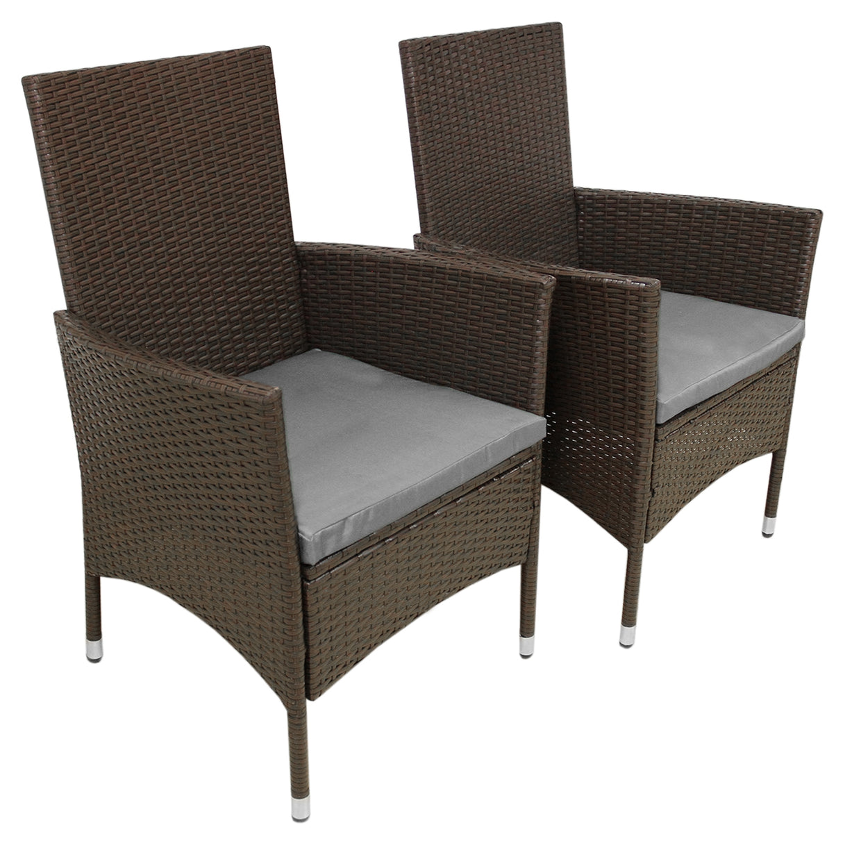 Set de bistro en rotin marron avec deux chaises, coussins gris, design élégant et texture tissée, parfait pour l'extérieur