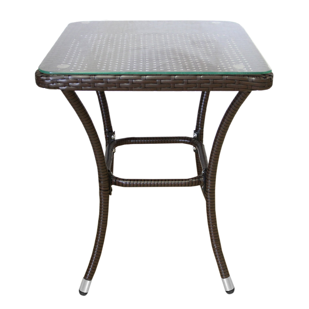 Table carrée en rotin marron avec dessus en verre, pieds courbés et finition lisse, idéale pour un bistro ou un jardin