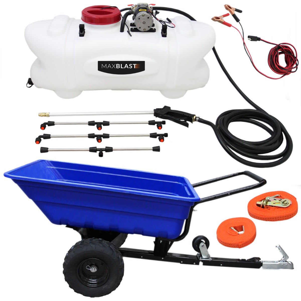 Remorque à pneus tout-terrain bleue avec pulvérisateur de 100 L, tuyaux noirs, accessoires orange et réservoir blanc, idéal pour le jardinage