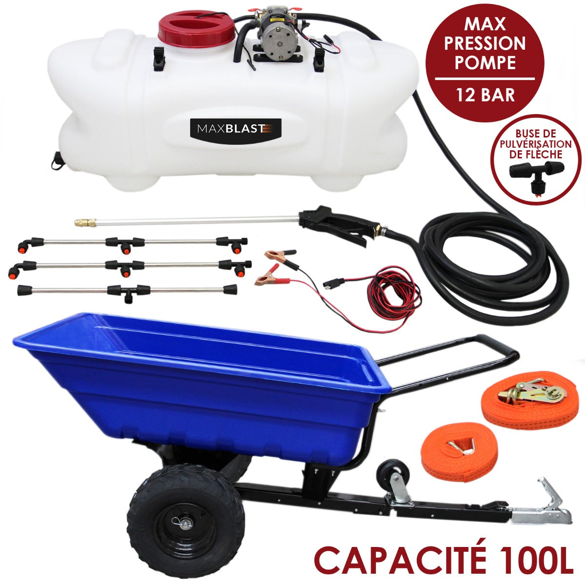 Remorque à pneus tout-terrain bleue avec pulvérisateur blanc de 100 L, accessoires inclus, roues robustes et tuyaux flexibles pour jardinage