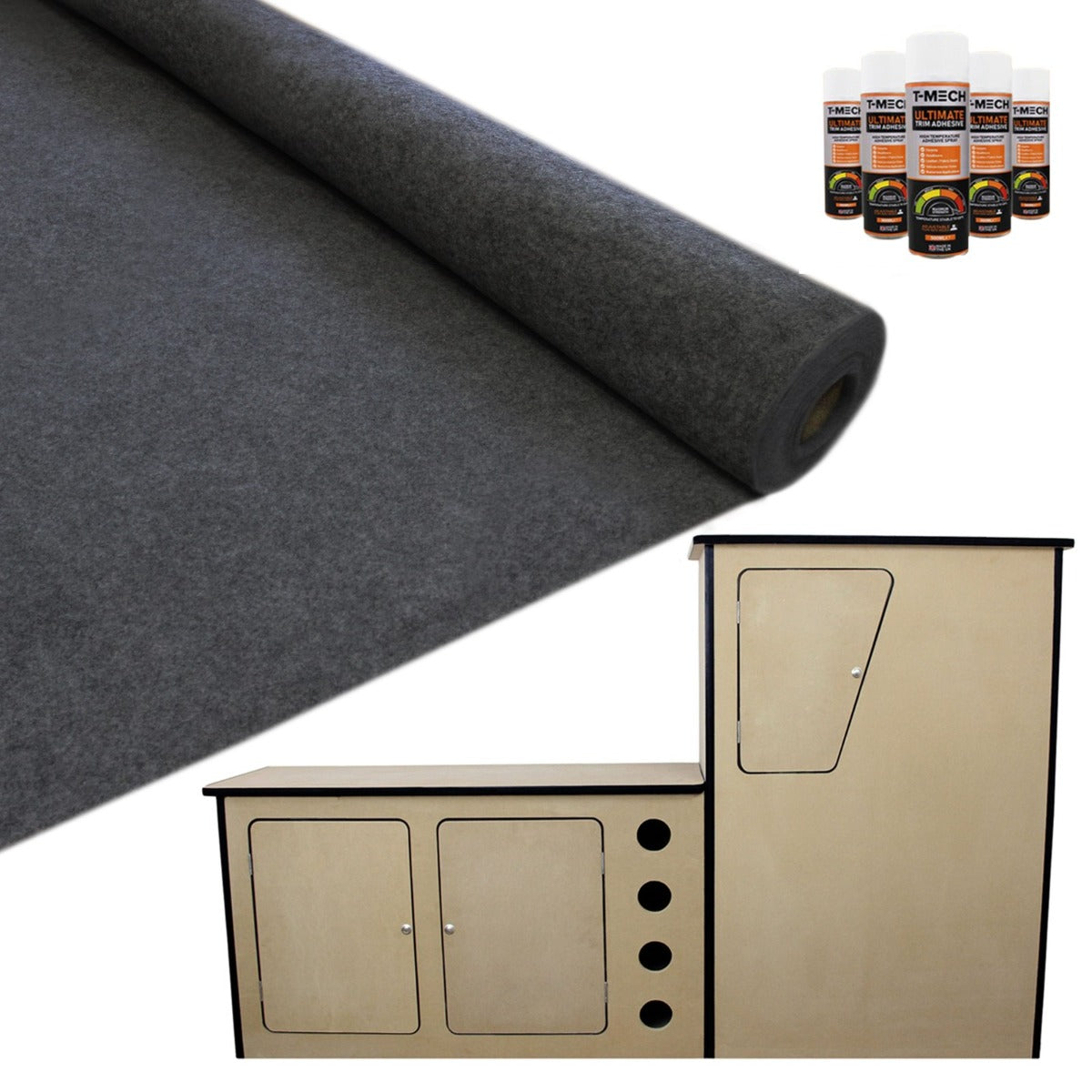Doublure intérieure en feutre gris anthracite et unité de cuisine en MDF, avec rouleau de feutre et produits d'entretien en arrière-plan