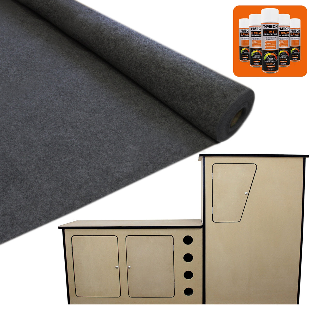 Doublure intérieure en feutre gris anthracite et unité de cuisine en MDF, avec rouleau de feutre et produits d'entretien en arrière-plan