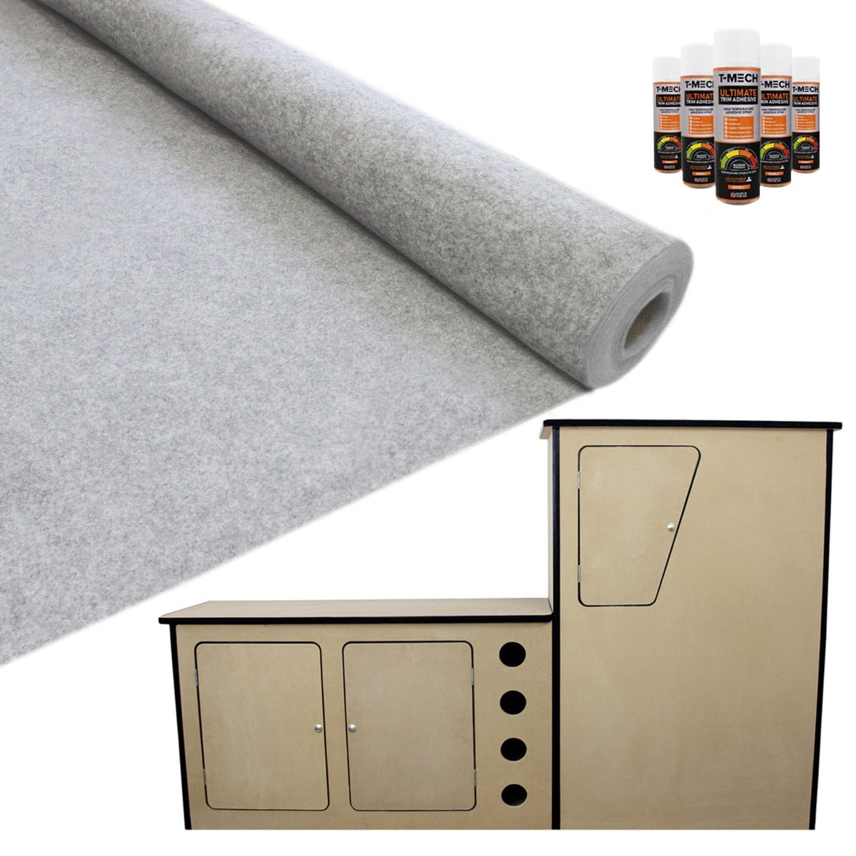 Doublure intérieure en feutre gris argenté et unité de cuisine en MDF, avec rouleau de feutre et produits d'assemblage en arrière-plan