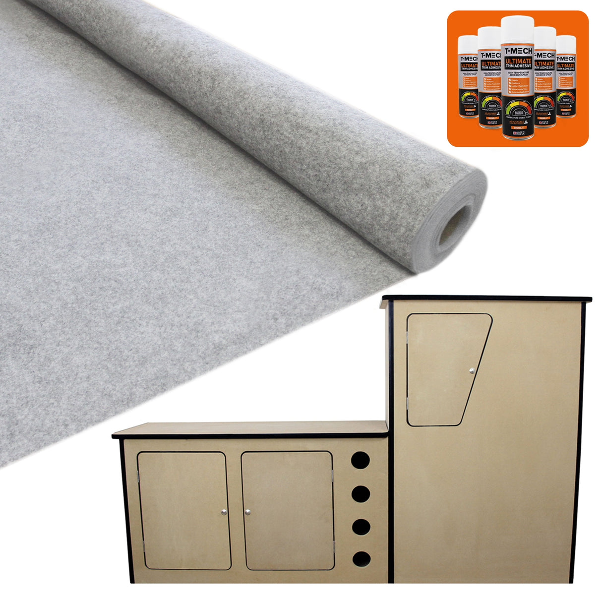 Doublure intérieure en feutre gris argenté et unité de cuisine en MDF, montrant des textures douces et un design moderne pour campervan