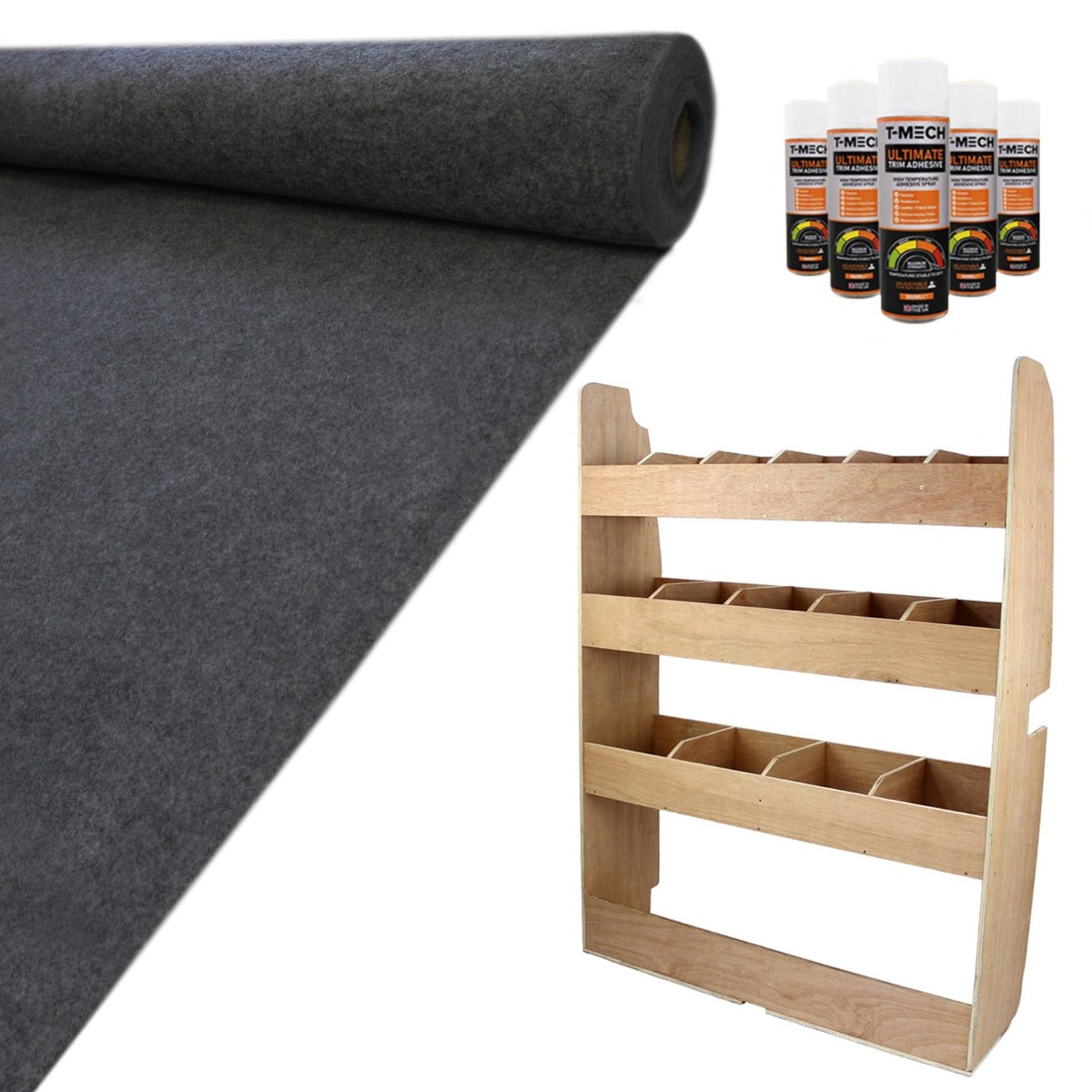 Doublure intérieure en feutre gris anthracite et rangement en MDF pour Ford Transit Custom, texture douce et robuste, parfait pour l'aménagement intérieur