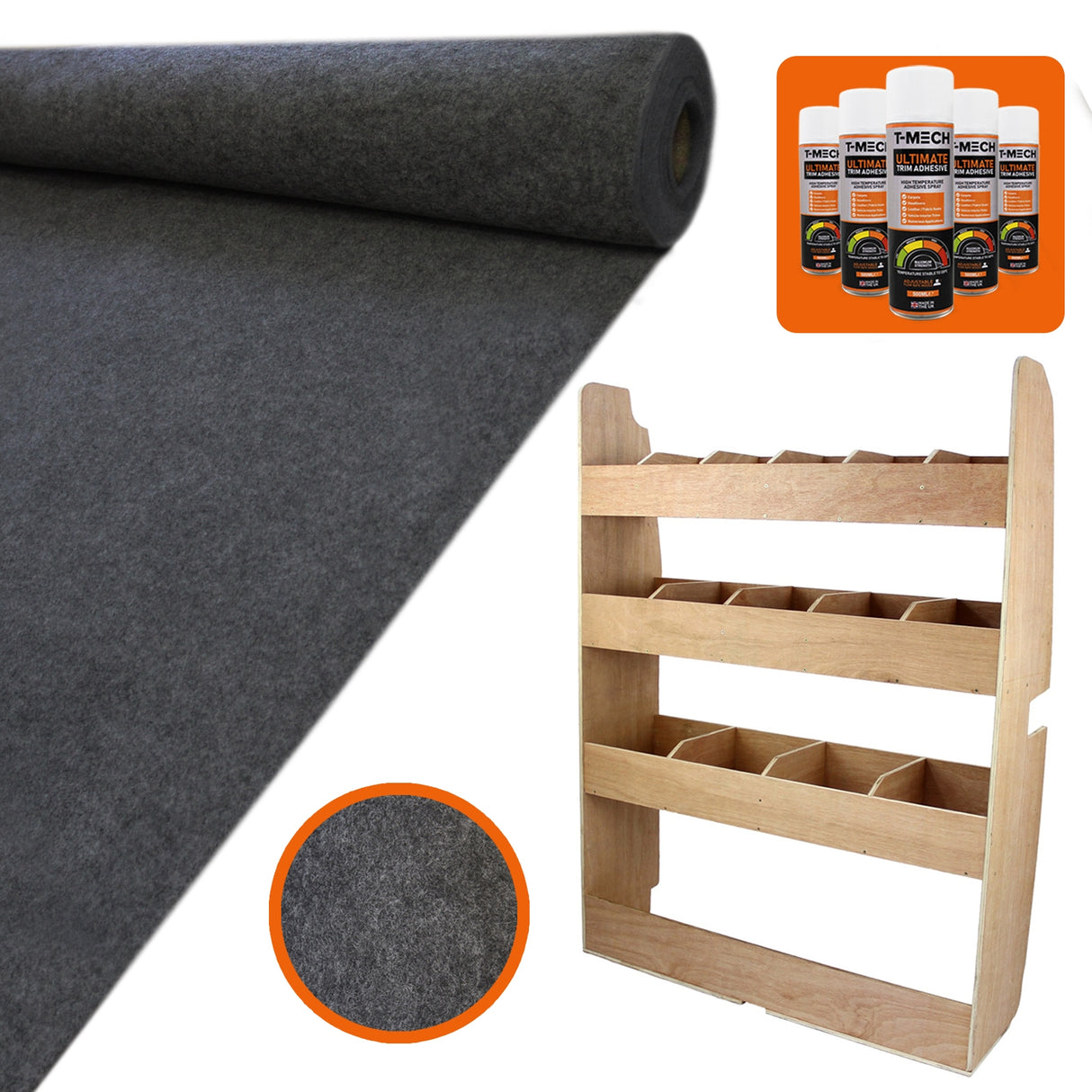 Doublure intérieure en feutre gris anthracite et rangement en MDF pour Ford Transit Custom, texture douce et robuste, idéal pour l'aménagement intérieur
