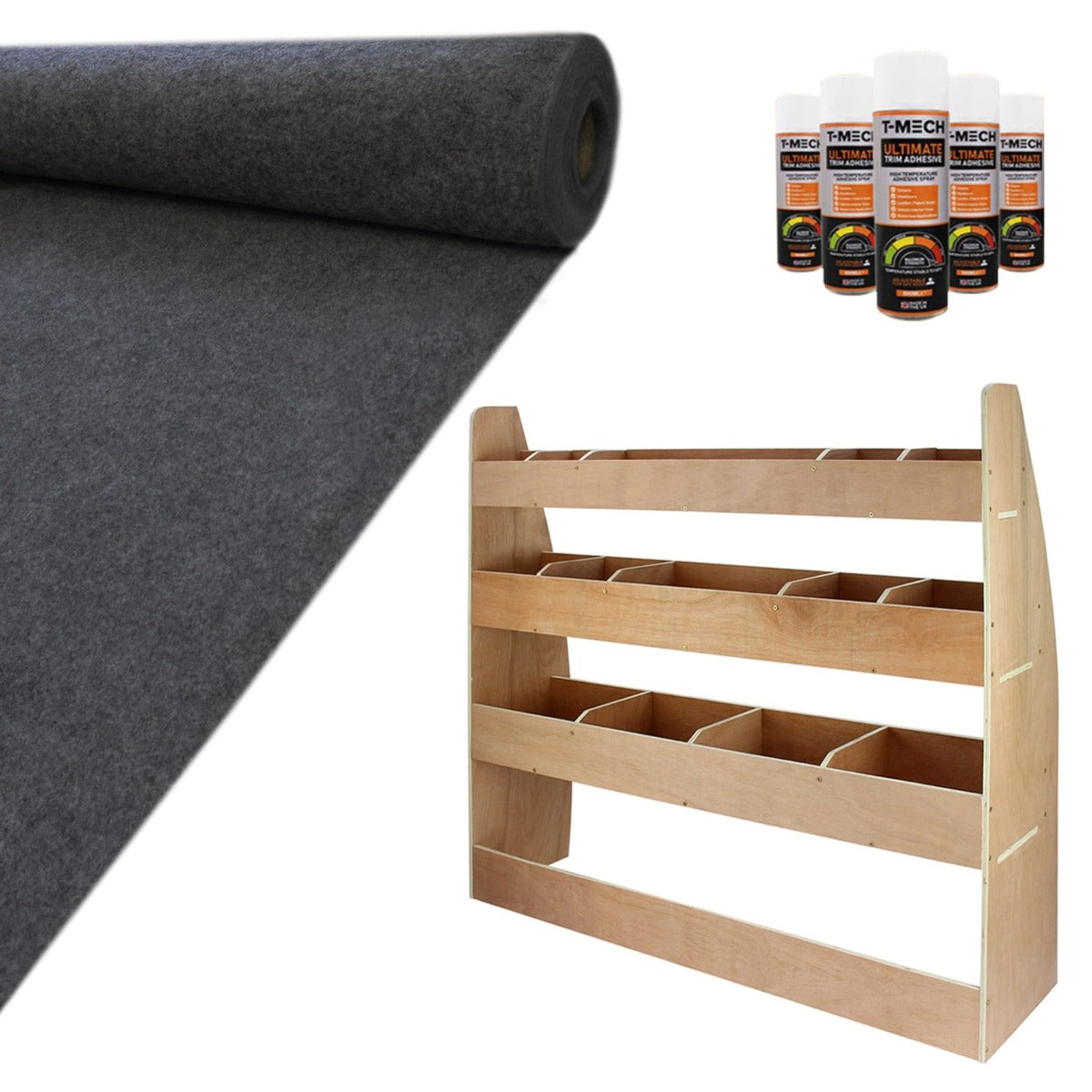 Doublure intérieure en feutre gris anthracite et rangement en MDF pour VW Caddy Maxi, avec rouleau de feutre et produits d'entretien