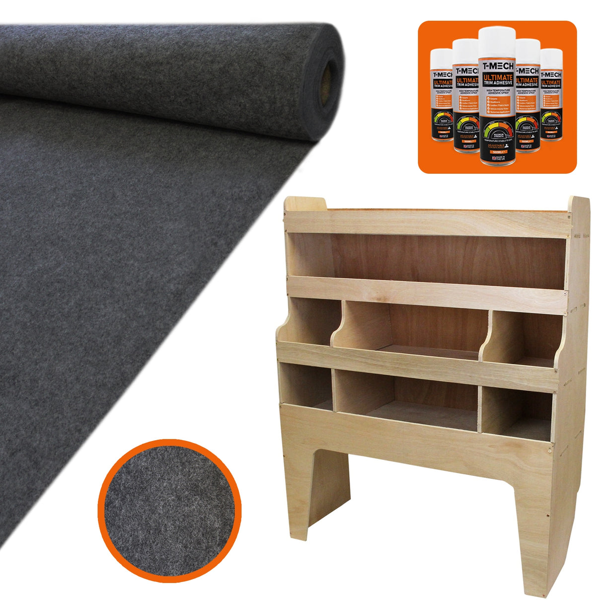 Doublure intérieure en feutre gris anthracite et rangement en MDF, avec texture douce et finition en bois clair, idéal pour VW Transporter