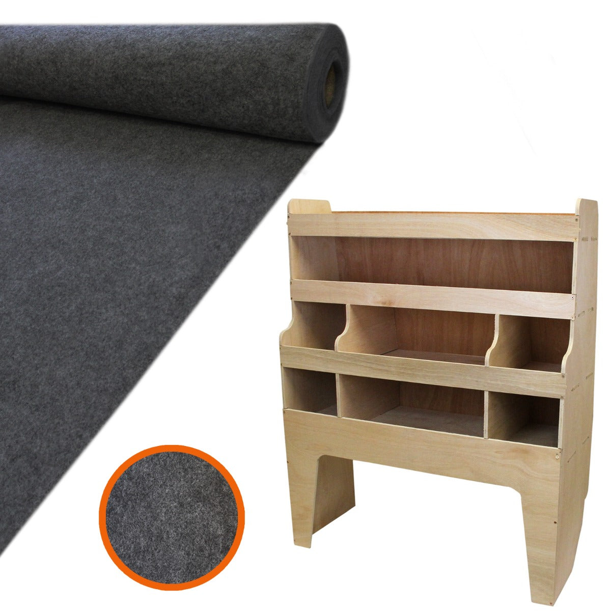 Doublure intérieure en feutre gris anthracite et rangement en MDF pour VW Transporter, avec texture douce et finition soignée