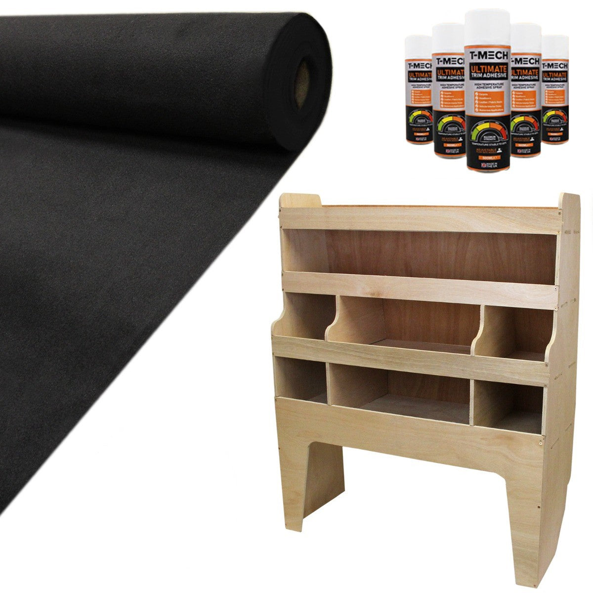Doublure intérieure en feutre noir de 11m² avec rangement en MDF, offrant une texture douce et un design fonctionnel pour VW Transporter