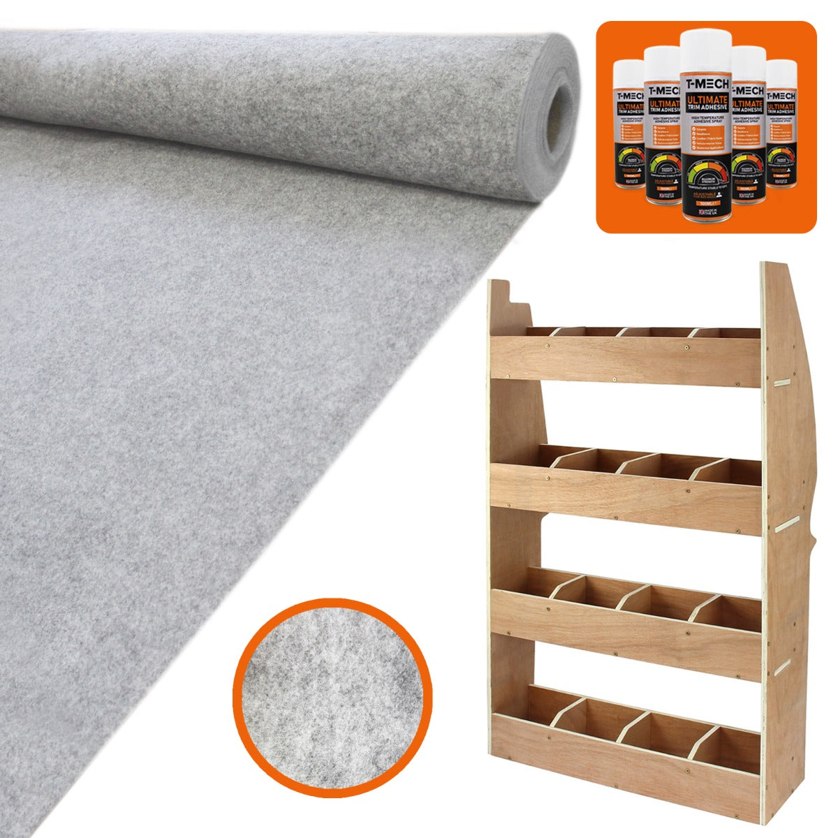 Doublure intérieure en feutre gris argenté, rouleau de 11m², avec rangement en MDF, texture douce et finition élégante