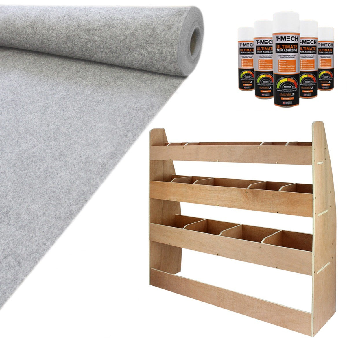 Doublure intérieure en feutre gris argenté et rangement en MDF pour VW Caddy Maxi, montrant texture douce et finition soignée
