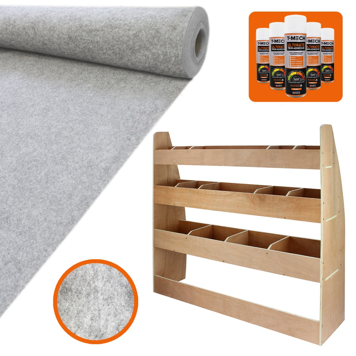 Doublure intérieure en feutre gris argenté et rangement en MDF pour VW Caddy Maxi, montrant texture douce et finition élégante