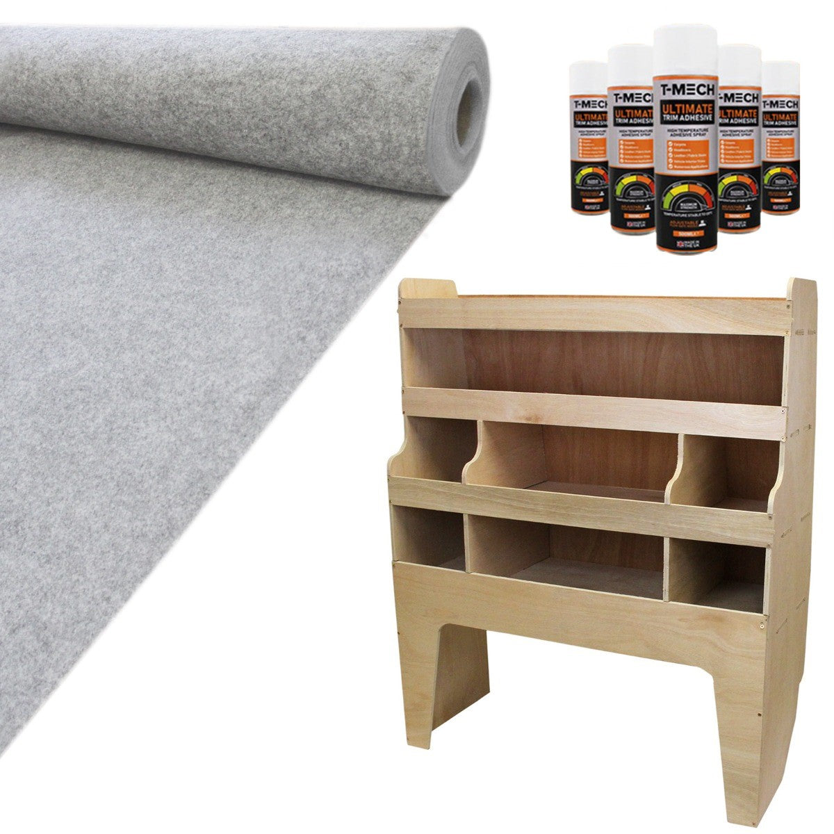 Doublure intérieure en feutre gris argenté et rangement en MDF pour VW Transporter, offrant une texture douce et un design fonctionnel