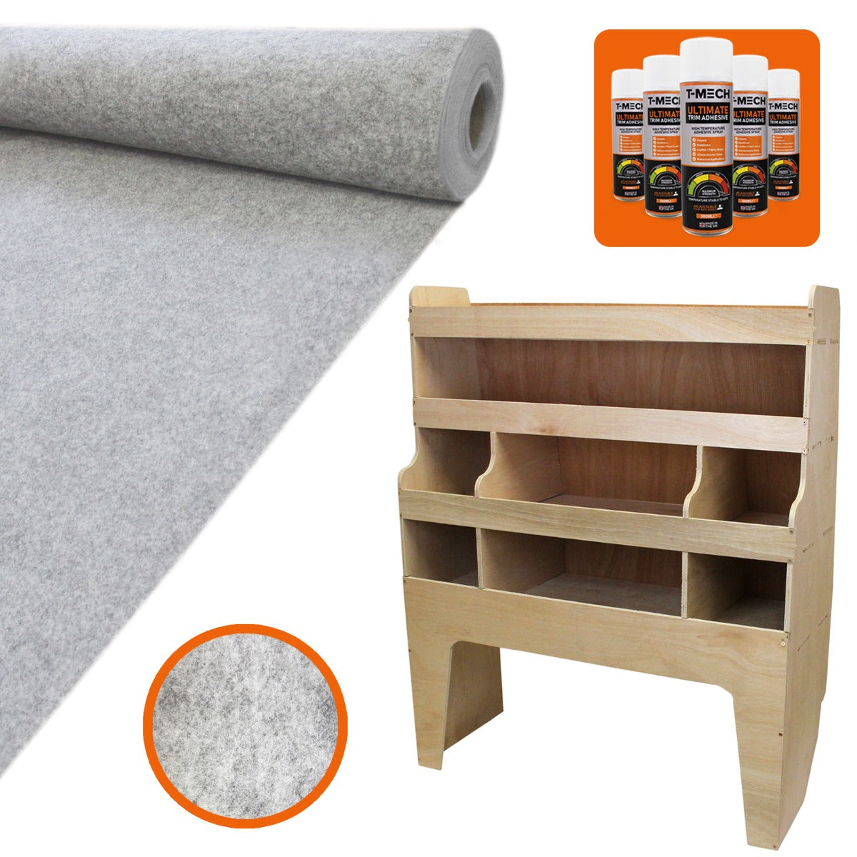 Doublure intérieure en feutre gris argenté et rangement en MDF pour VW Transporter, montrant texture douce et finition élégante