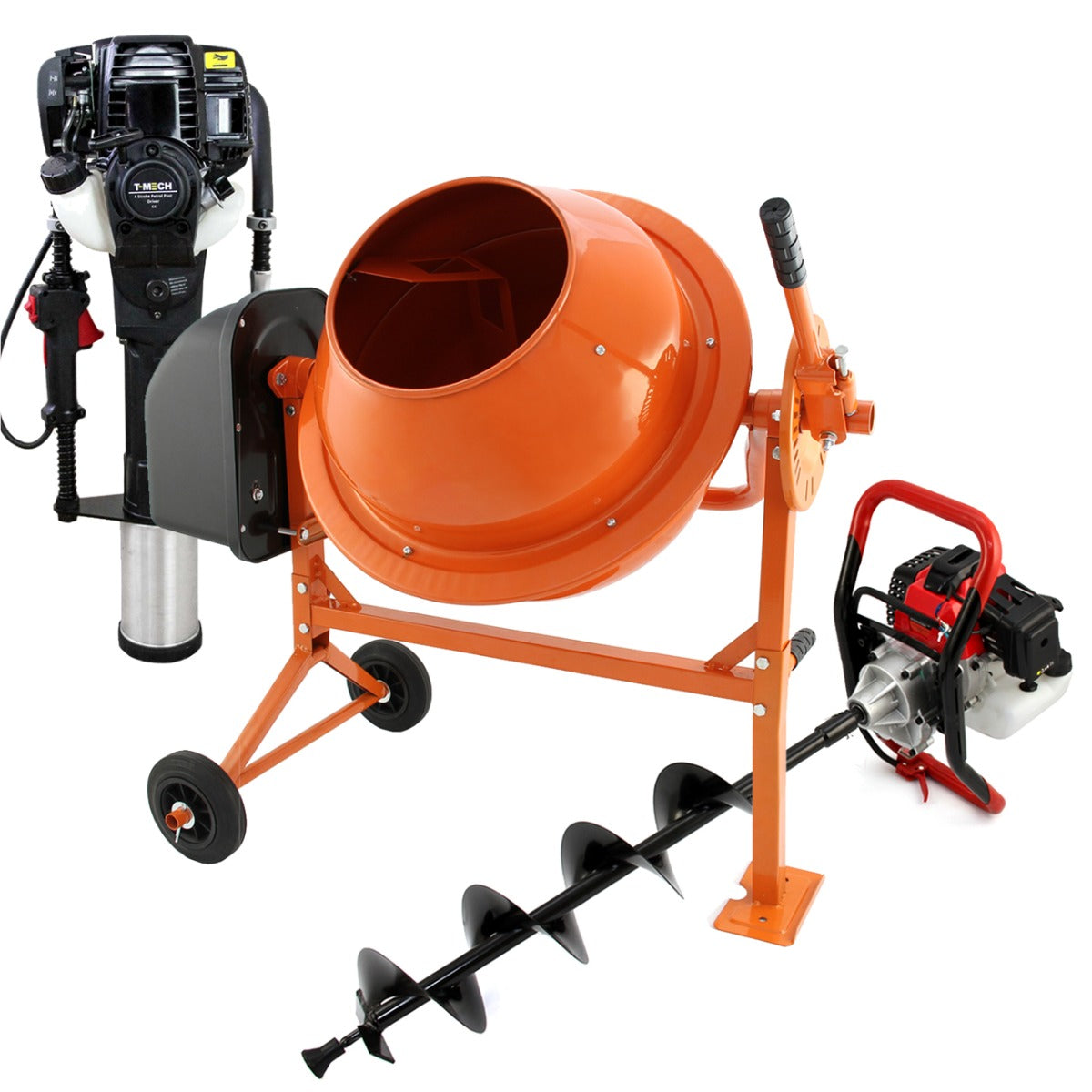 Tarière et bétonnière orange avec moteur à 4 temps, roues noires, et vis d'enfoncement, conçus pour des travaux de construction efficaces