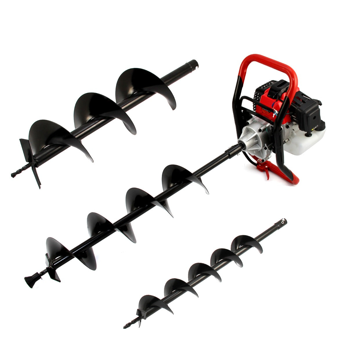 Tarière T-Mech 52cc avec moteur à 4 temps, vis noire en acier, poignée rouge, accessoires pour enfoncer poteaux et bétonnière