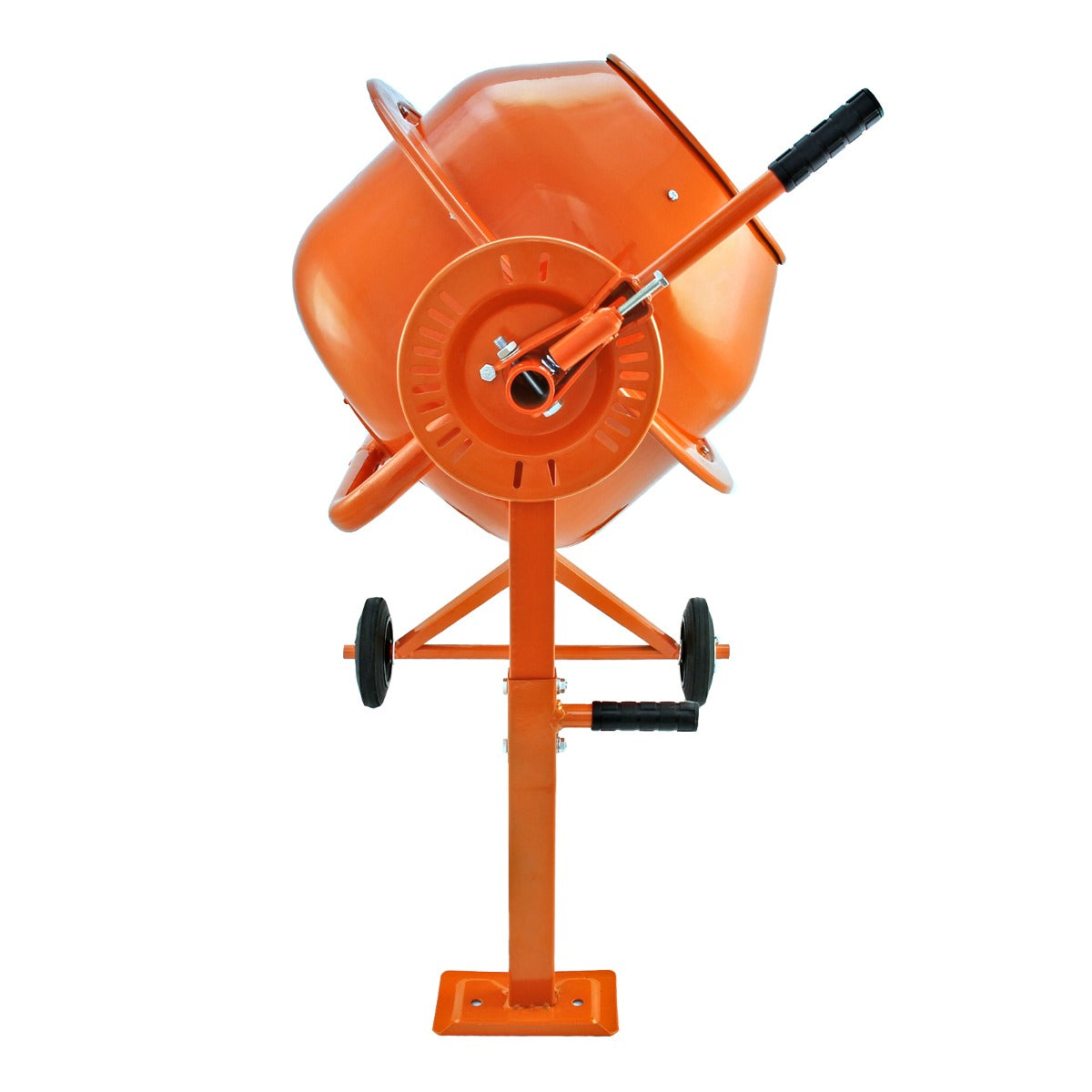 Bétonnière orange vif avec un tambour rond, support stable, roues noires, idéale pour les travaux de construction et de jardinage