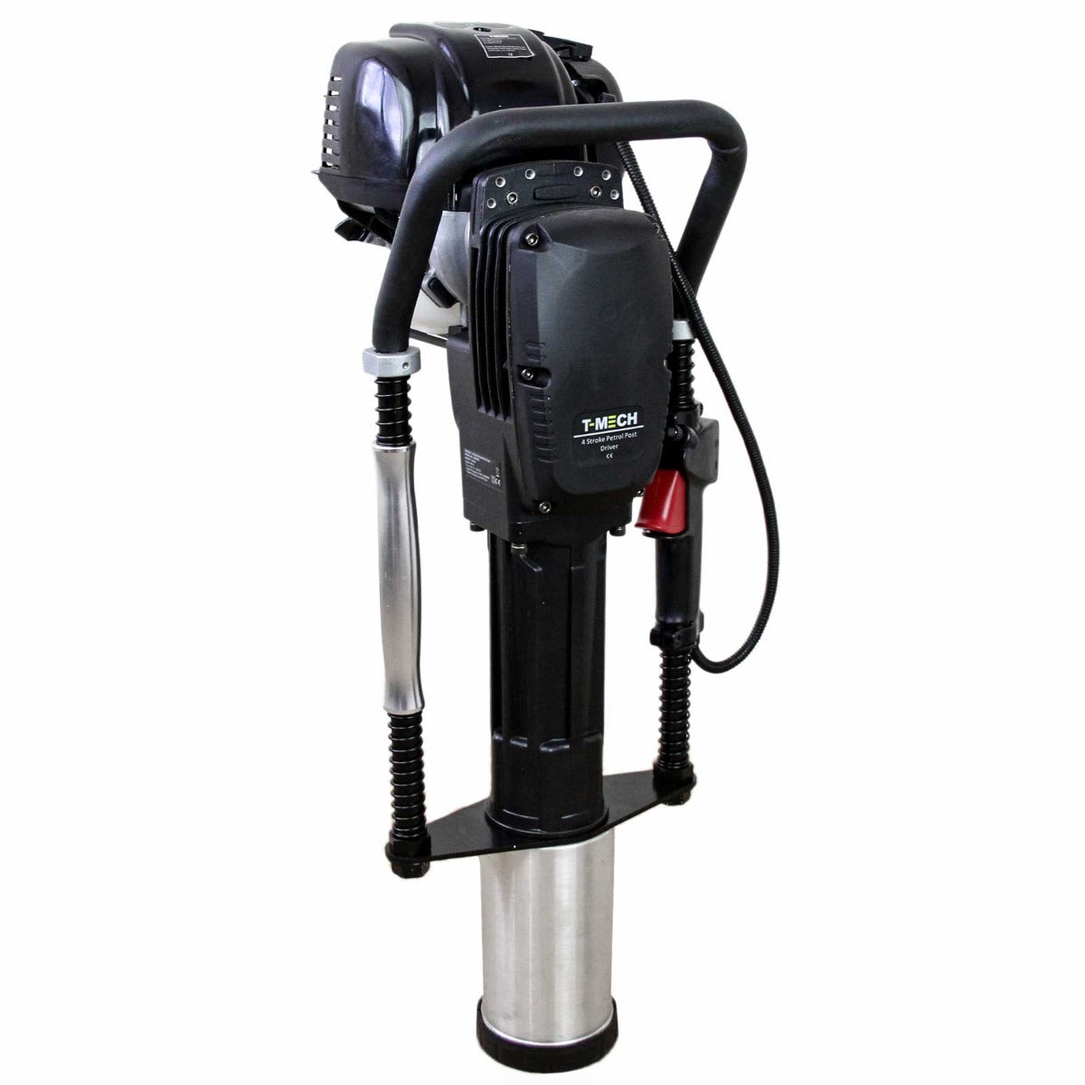 Tarière T-Mech 52cc avec moteur à 2 temps, finition noire et argentée, poignée ergonomique, conçue pour percer le béton et enfoncer des poteaux