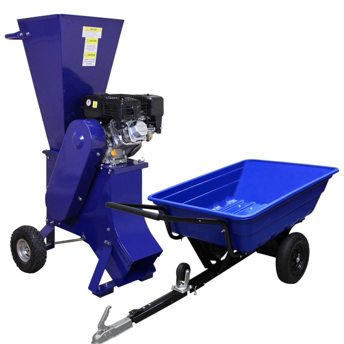 Remorque tout terrain bleue avec déchiqueteuse à bois, moteur puissant, roues robustes, idéale pour le jardinage et l'aménagement extérieur