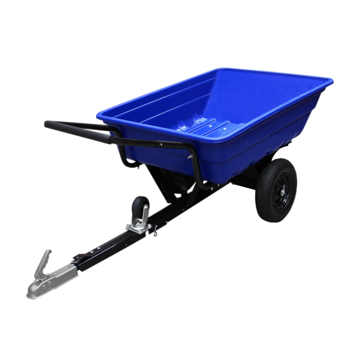 Remorque tout terrain bleue avec benne en plastique, roues noires robustes et attelage en métal, idéale pour le transport de matériaux