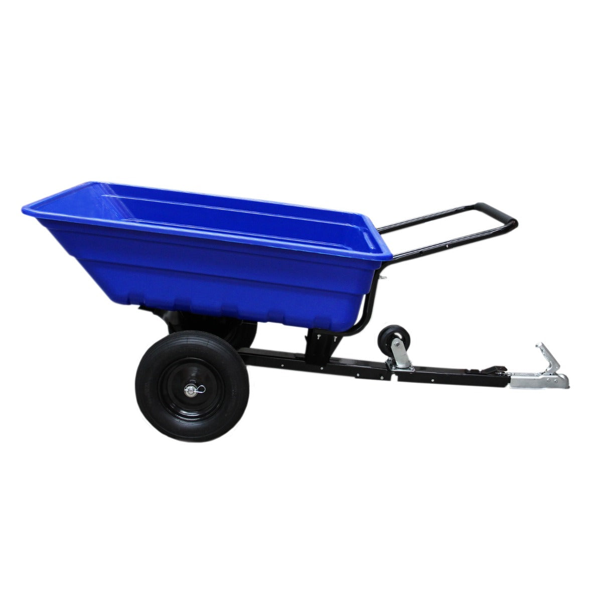 Remorque tout terrain bleue en plastique robuste avec un châssis noir, équipée d'une roue arrière et d'un attelage pour tracteur