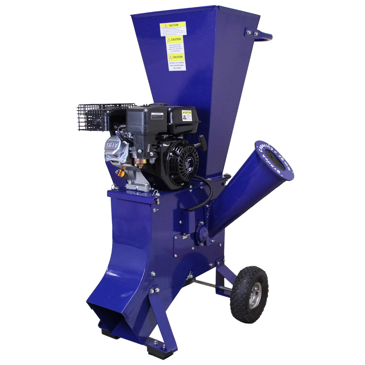 Déchiqueteuse à bois compacte en métal bleu, équipée d'un moteur de 6,5 CV, roues robustes et trémie pour débris végétaux