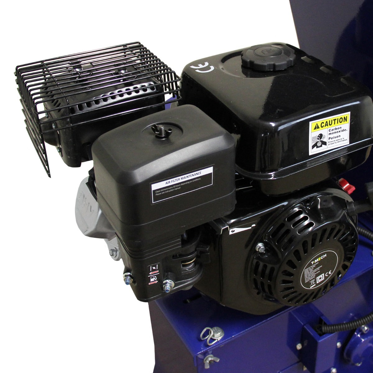 Moteur puissant de déchiqueteuse à bois 15 CV, finition noire brillante, avec grille de protection et étiquettes de sécurité visibles