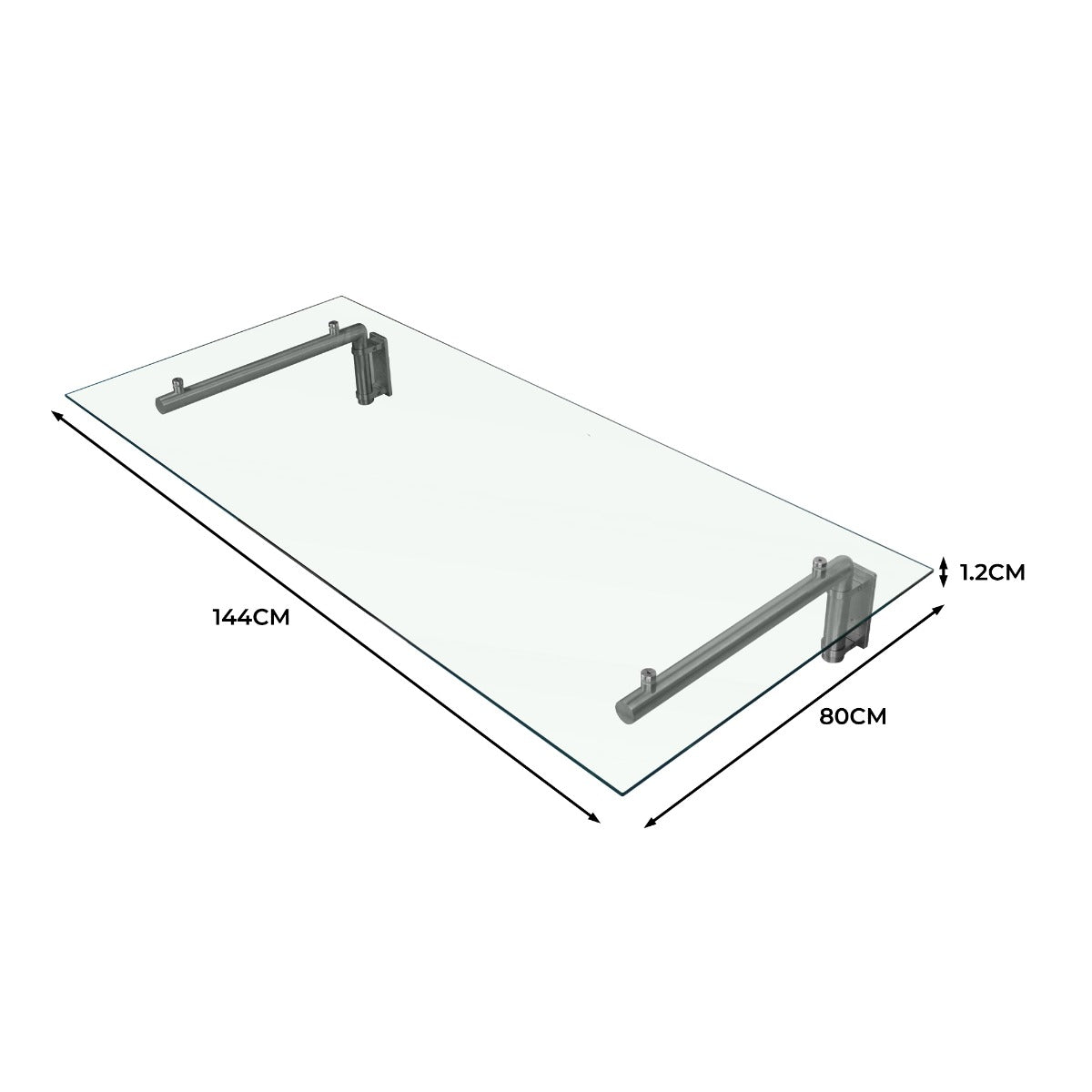 Auvent en verre transparent de 144 cm x 80 cm avec supports en métal, offrant une surface lisse et moderne pour protection extérieure
