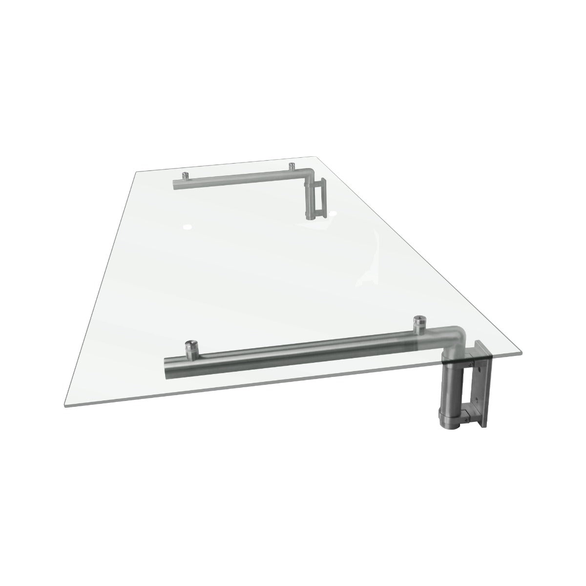 Auvent en verre transparent de 144 cm x 80 cm avec supports en métal argenté, offrant une finition moderne et élégante
