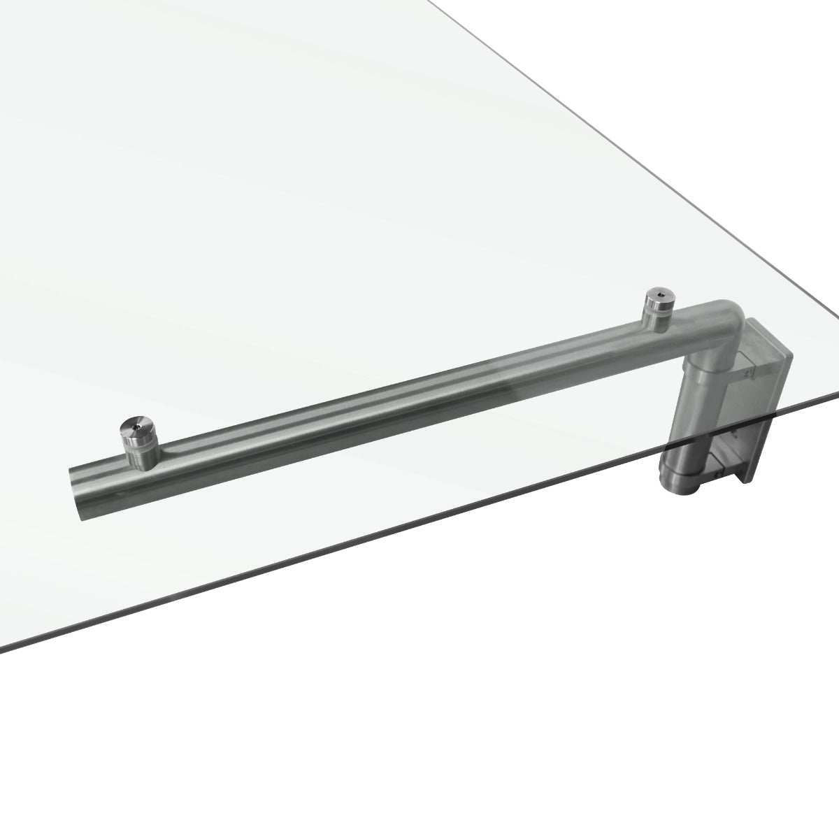 Auvent en verre transparent de 144 cm x 80 cm avec supports en métal argenté, offrant une finition moderne et élégante