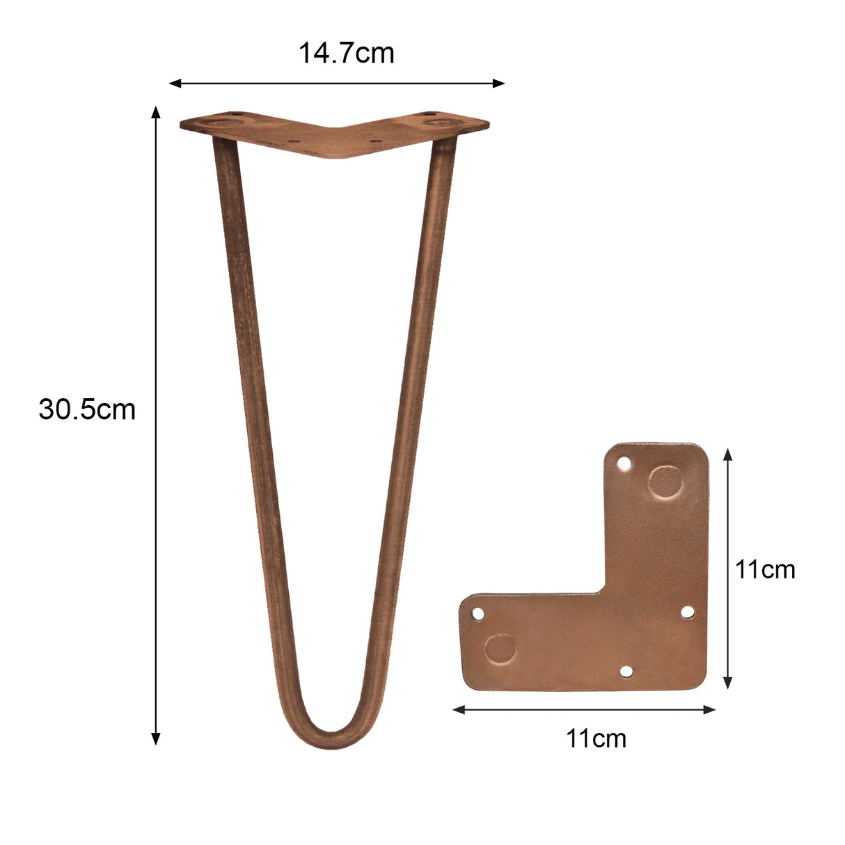 Pieds de table en cuivre de 30,5 cm avec deux tiges de 12 mm, finition lisse et design élégant, dimensions indiquées sur l'image
