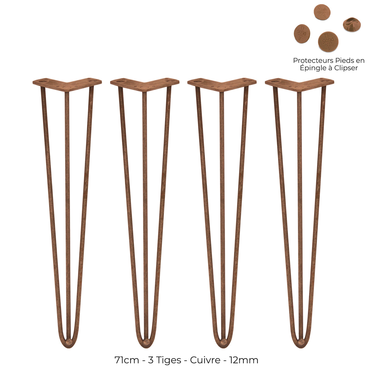 Pieds de table en cuivre de 71 cm, avec trois tiges de 12 mm, finition lisse et design élégant, parfaits pour un mobilier moderne