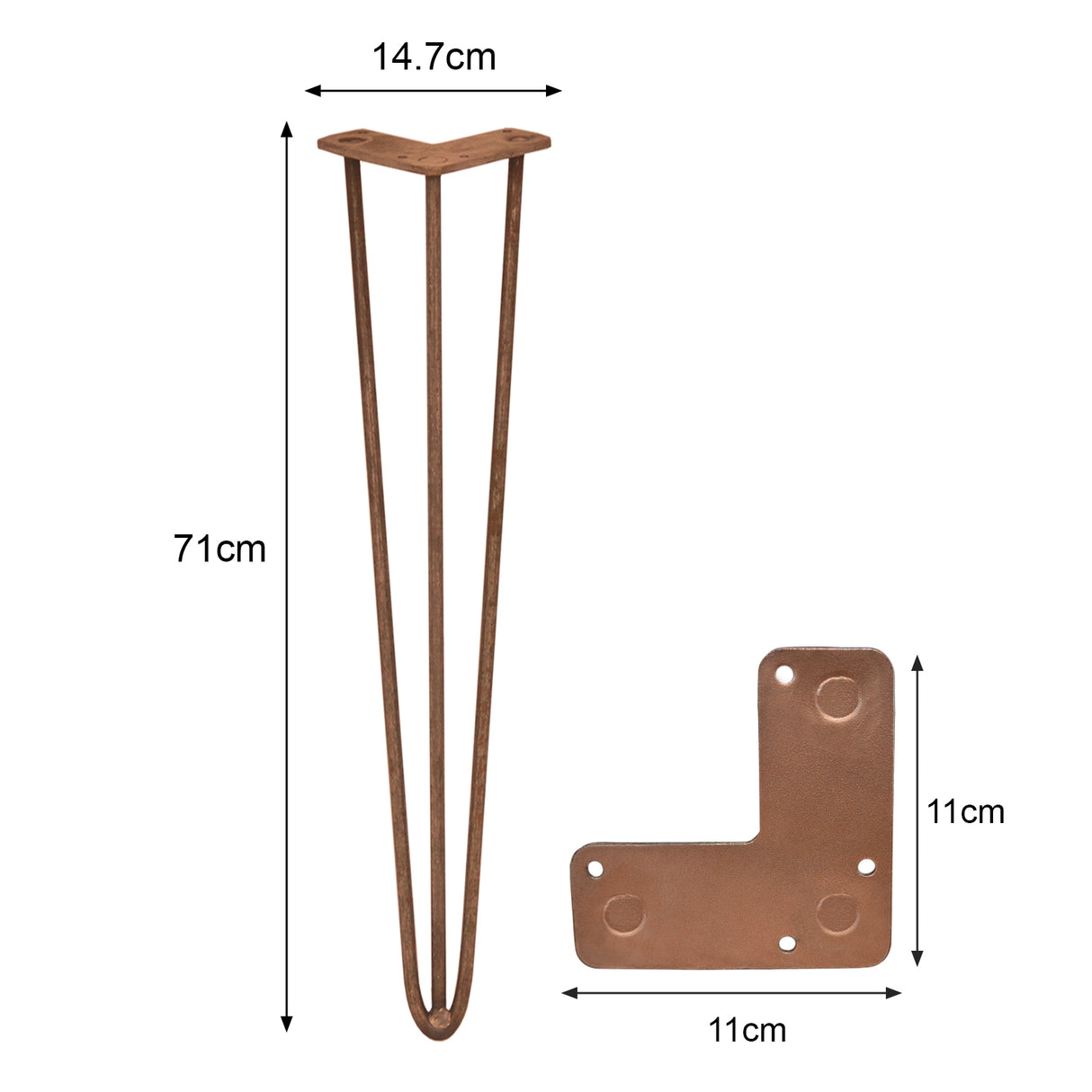 Pieds de table en cuivre de 71 cm avec trois tiges de 12 mm, finition lisse et design élégant, dimensions indiquées sur l'image