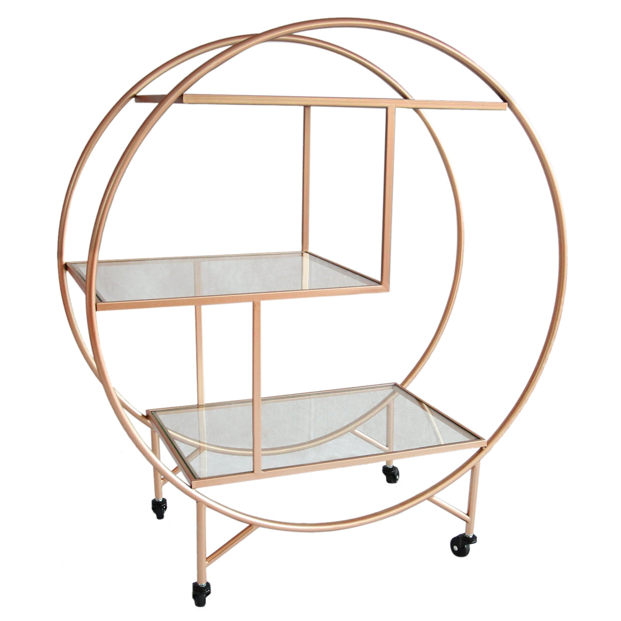Chariot de bar en or rose avec deux étagères en verre transparent, design moderne et élégant, roulettes pour un déplacement facile